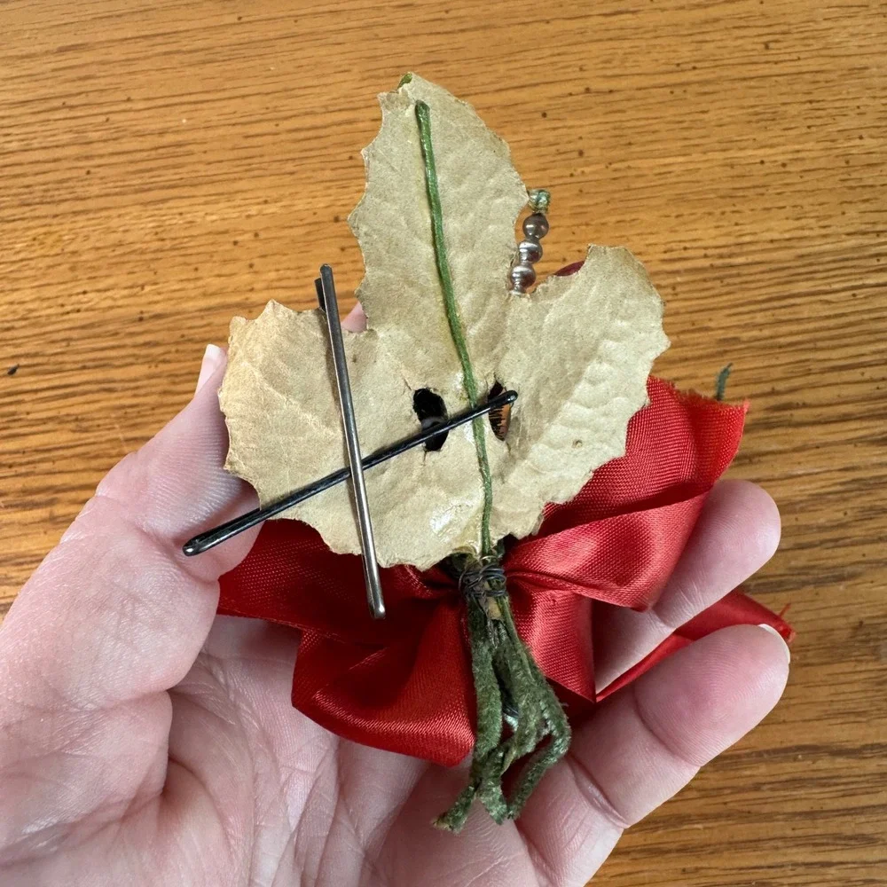Vintage‎ Christmas Ornament Corsage Set Red Bow Flocked Holly Mini Pinecone